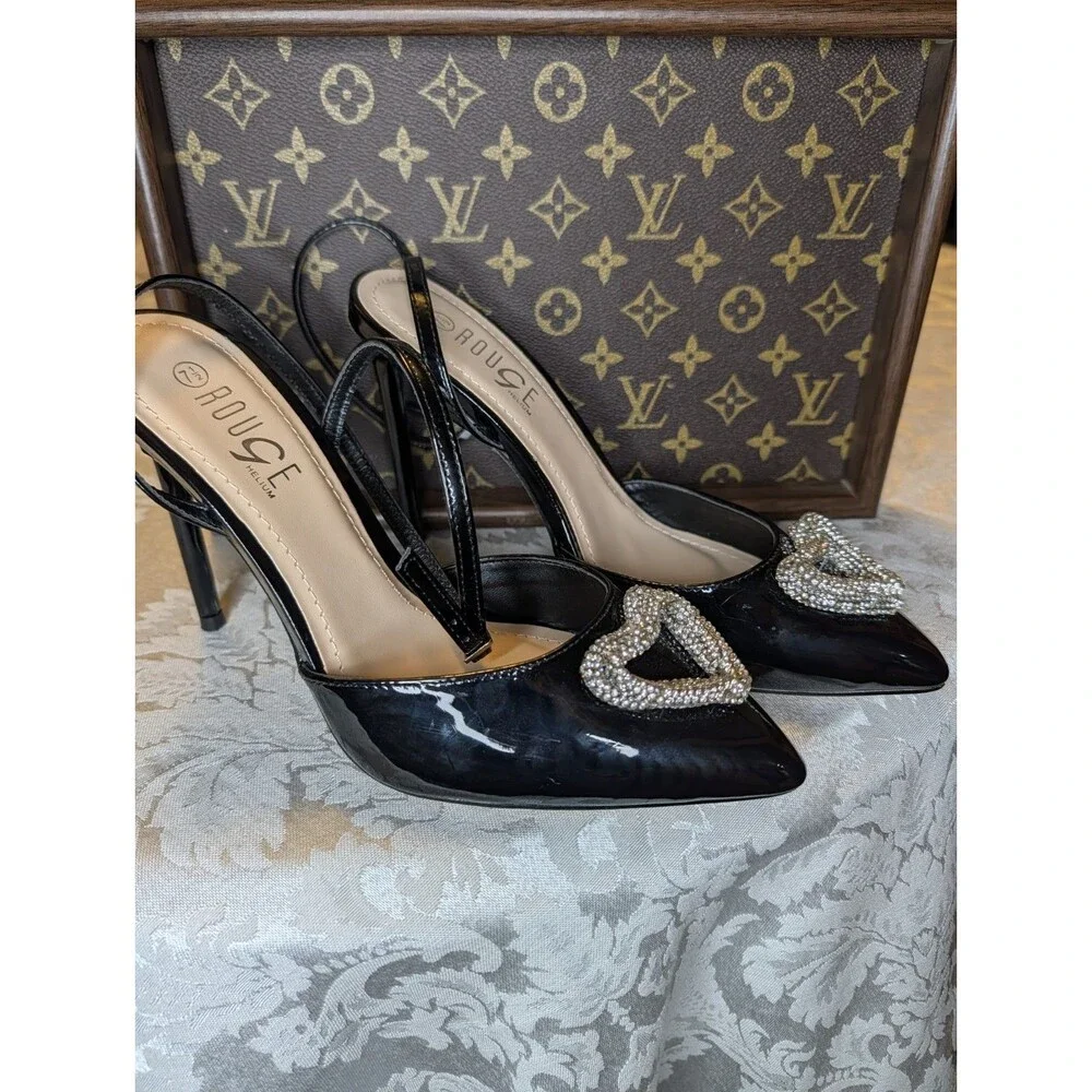 Rouge Black Patent Leather Strappy Pointed Toe Ankle Strap Rhinestone Heart 7.5 - Picture 4 of 6